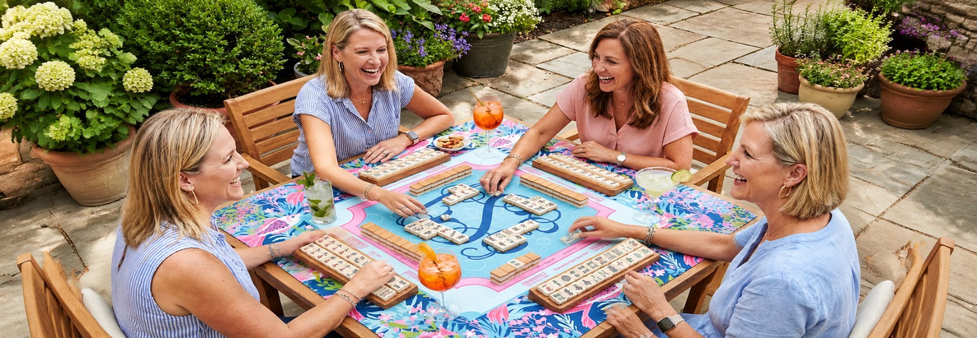 A group of friends laughing over an American Mah-Jongg game in a garden courtyard