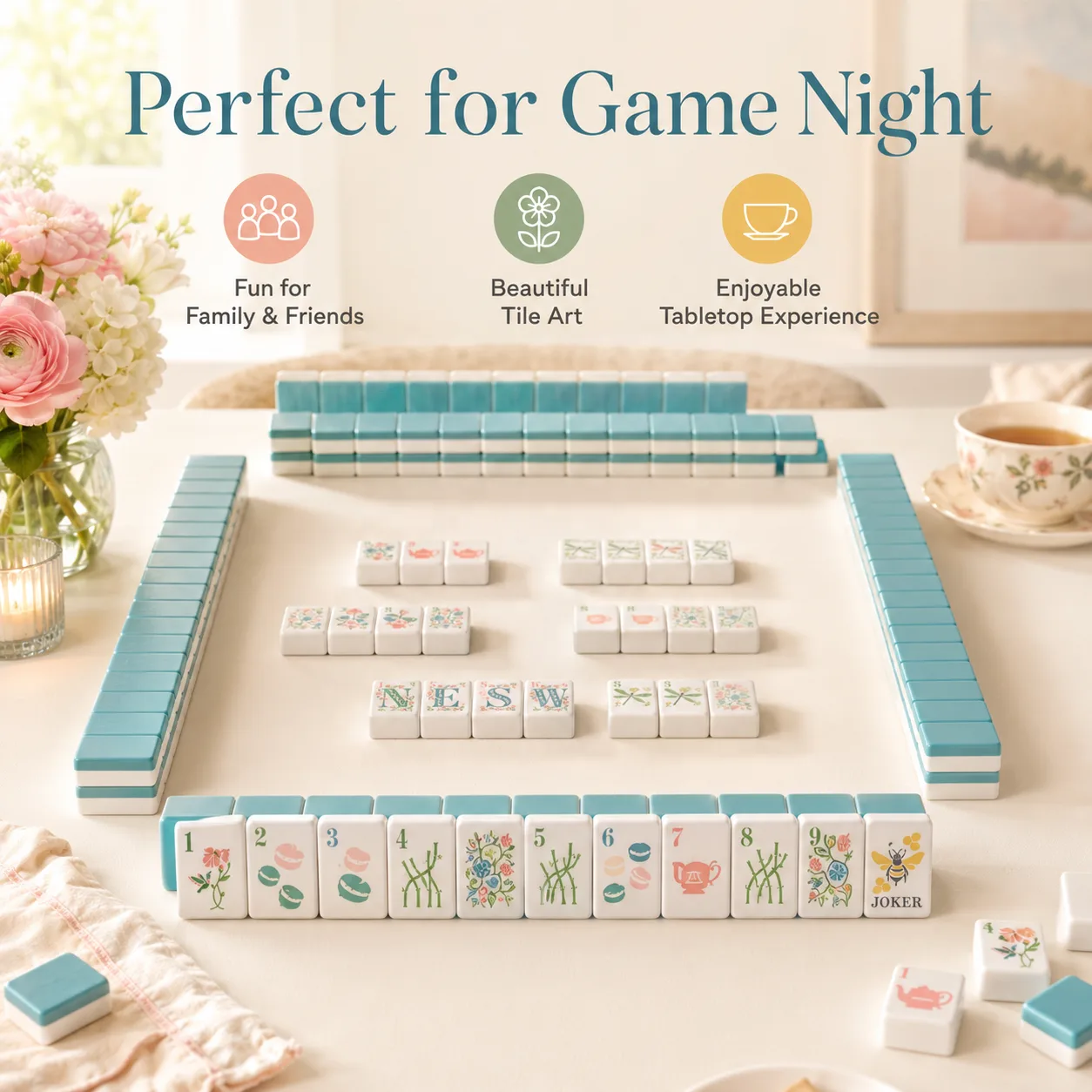 Luxury Modern Pastel Floral Dragonfly Printed Mahjong Set Eco-Friendly Acrylic Custom Surface Art Portable 4-Player Indoor