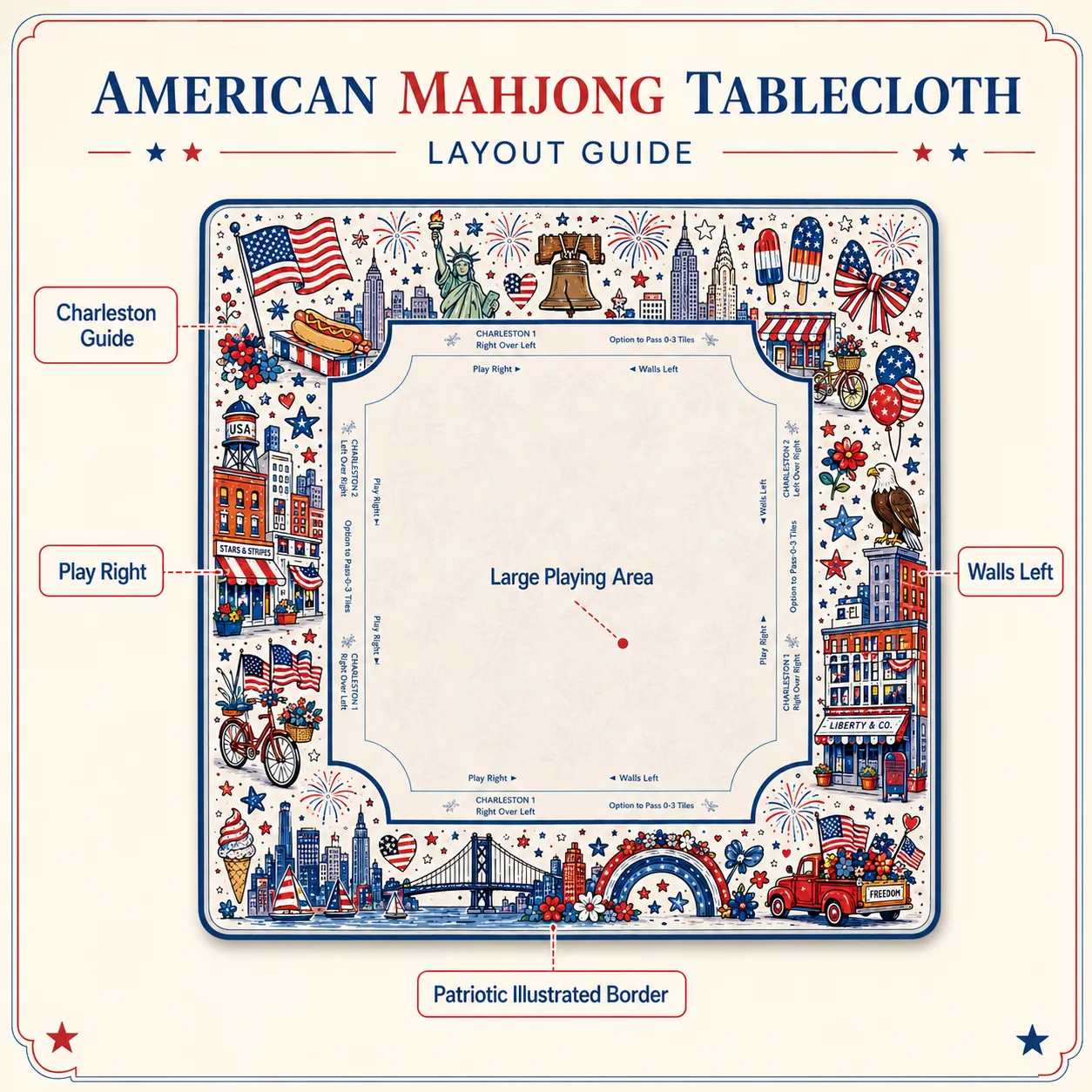 American Patriotic City Landmark Printed Luxury Modern Mahjong Poker Game Mat Custom National Holiday Border Design Indoor Table