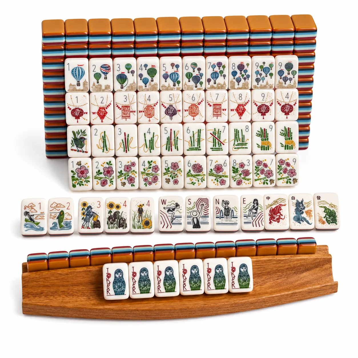 Global Folk Travel Themed Modern Illustrated Mahjong Set Custom Art Print Indoor Leisure Table Game Kit for Poker Entertainment