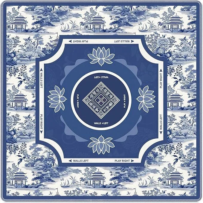 Blue White Porcelain Rubber Mahjong Table Mat, Washable Non Slip Silent Lotus Landscape Print Foldable American Game Protector