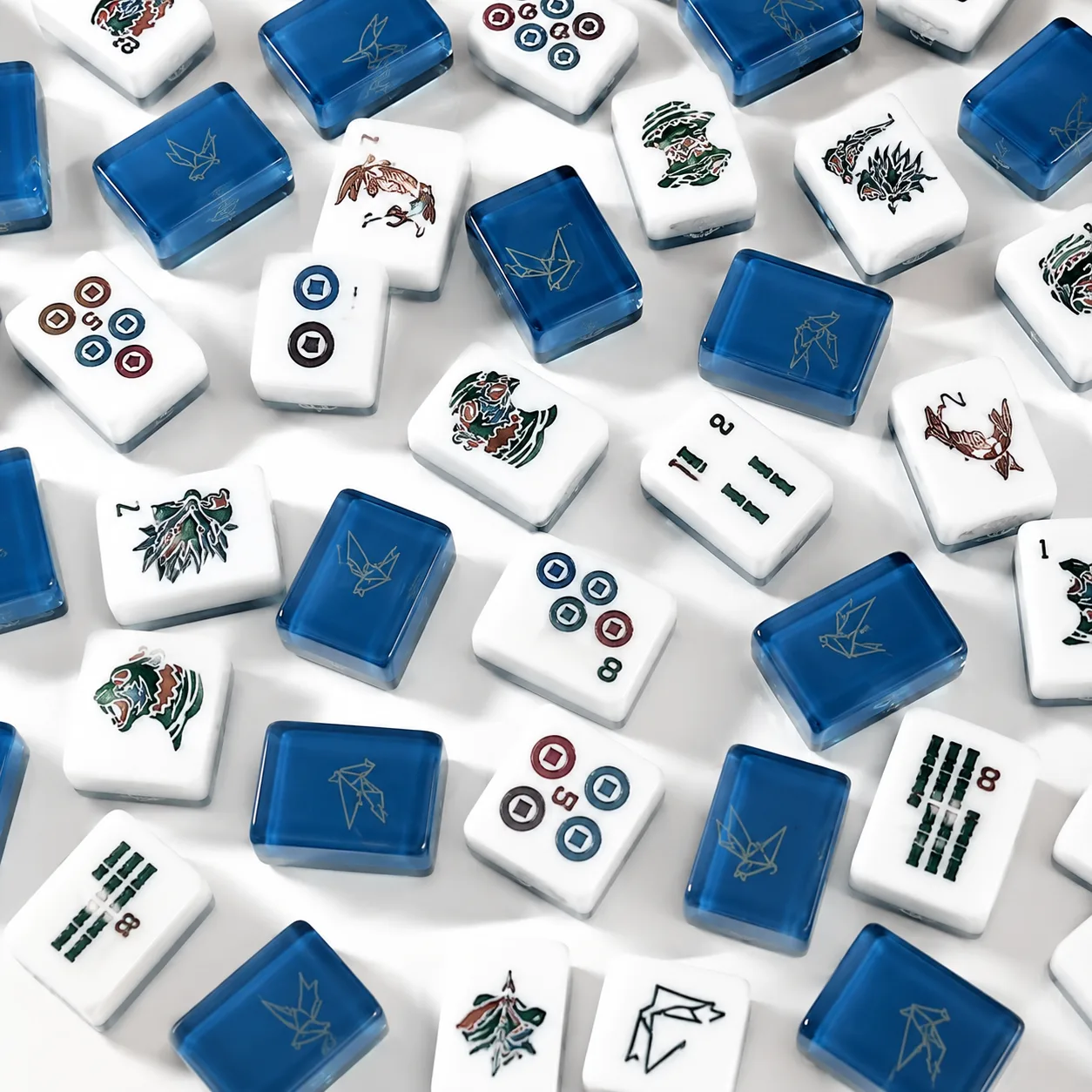 Custom Modern Luxury American Mahjong Set 160pcs 4-Layer Acrylic Translucent Blue UV Print Animal Plant Design Portable for