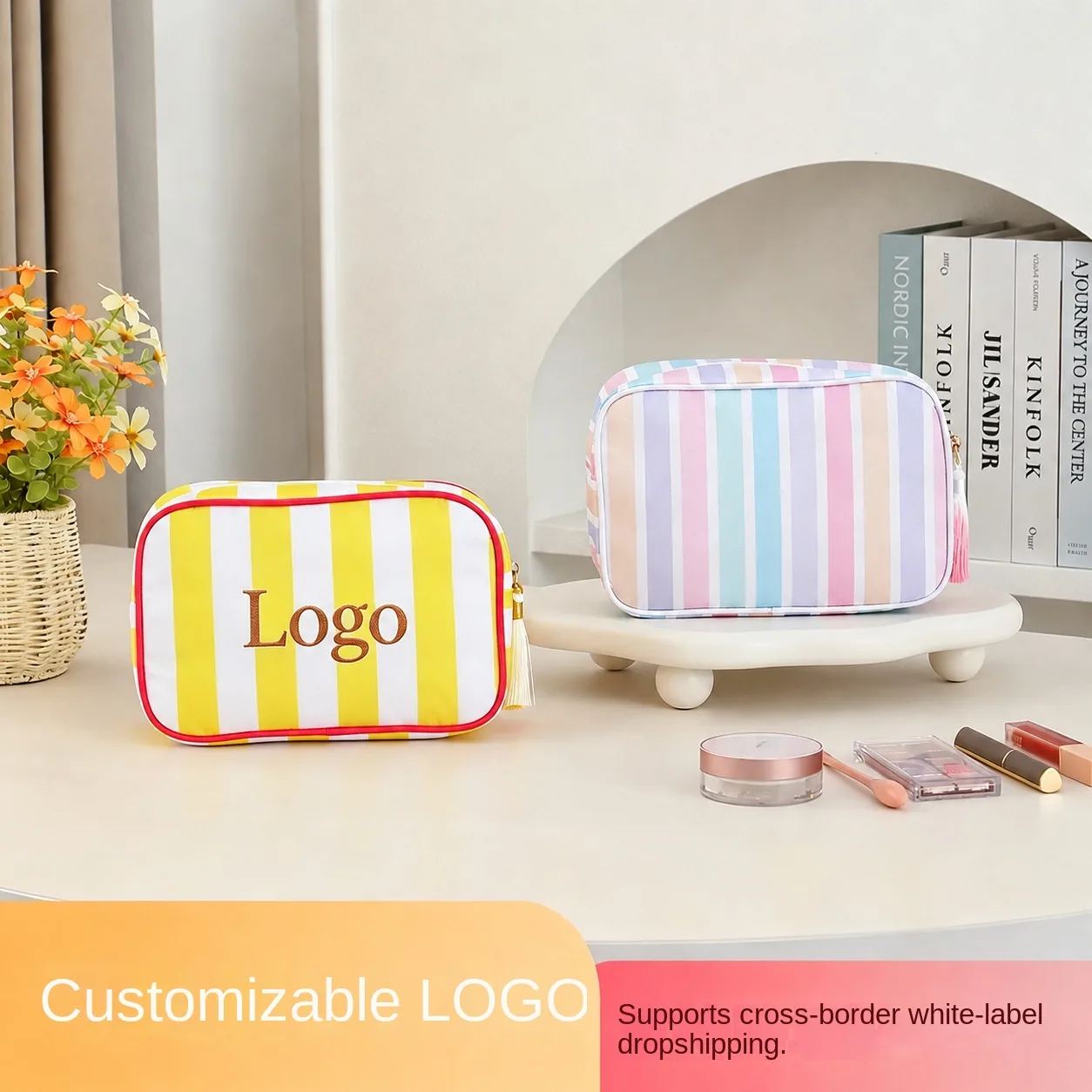 Mahjong Storage Bag Striped Polyester, Large-Capacity Portable Travel Organizer, Zippered Tile Pouch for Mahjong Players