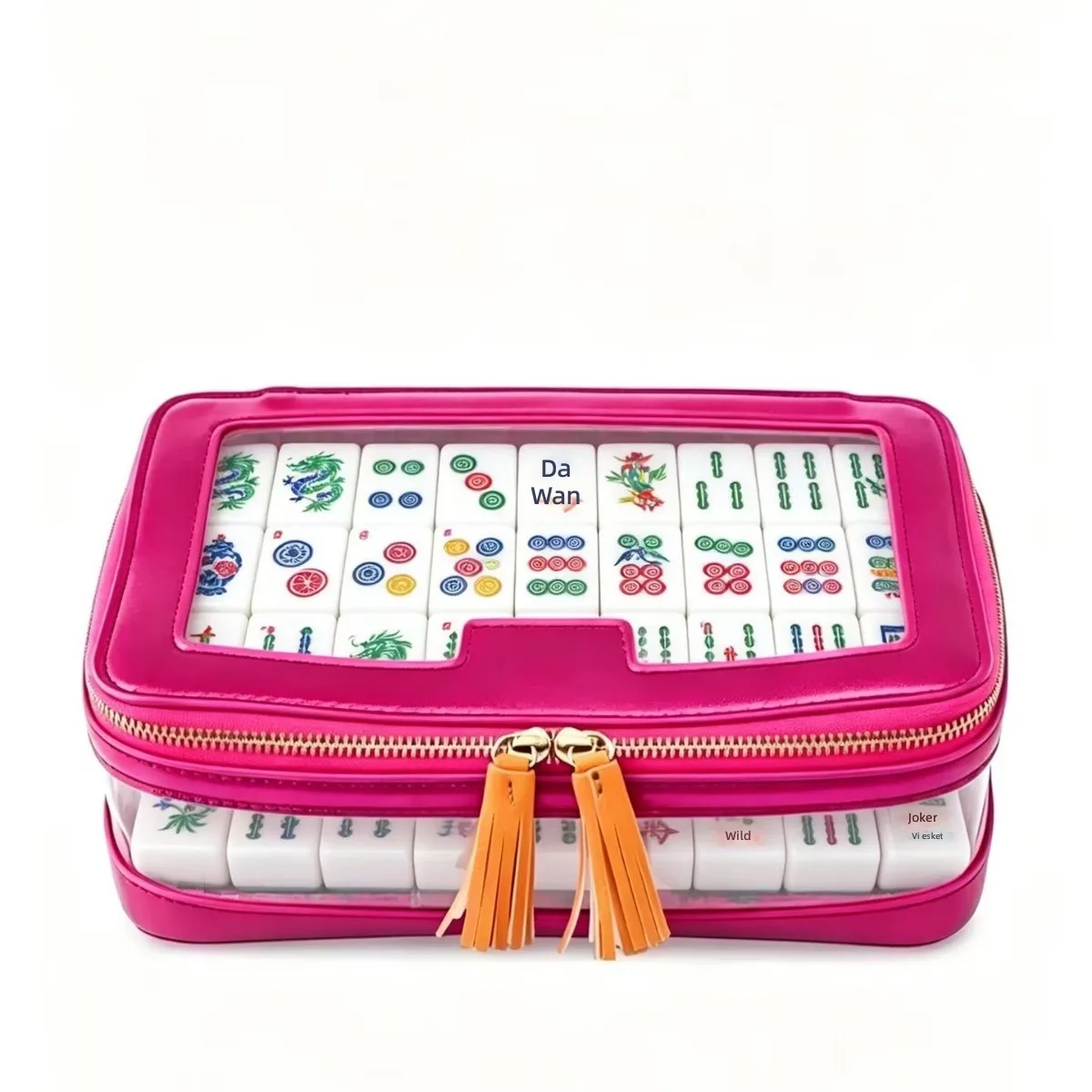 Large Capacity Transparent Zippered Square PU Leather Mahjong Tile Storage Bag-Portable Handbag for Adults