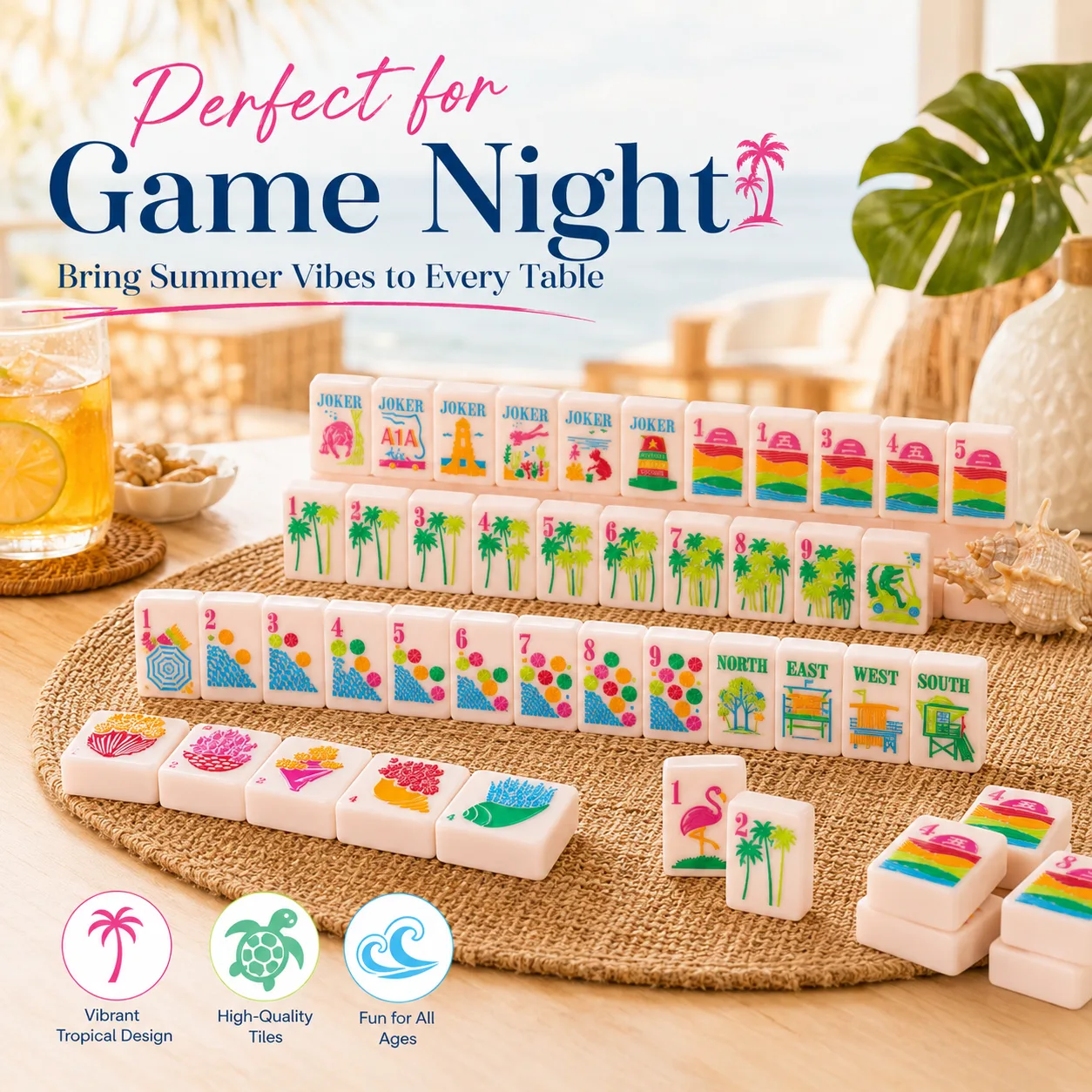 Tropical Rainbow Beach Vacation Printed American Mahjong Set Bright Neon Palm Flamingo Graphic Indoor Summer Game Table Kit