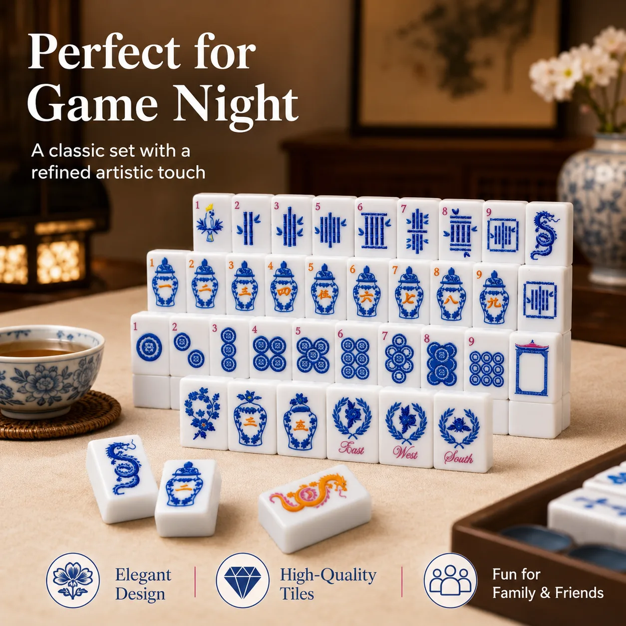Blue White Luxury Modern American Mahjong Set Oriental Dragon Floral Print Eco-Friendly Durable Portable Acrylic Table Game Kit