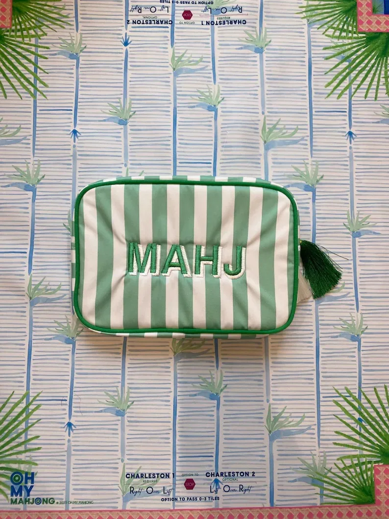 Mahjong Striped Canvas Cosmetic Bag Embroidered MA detail