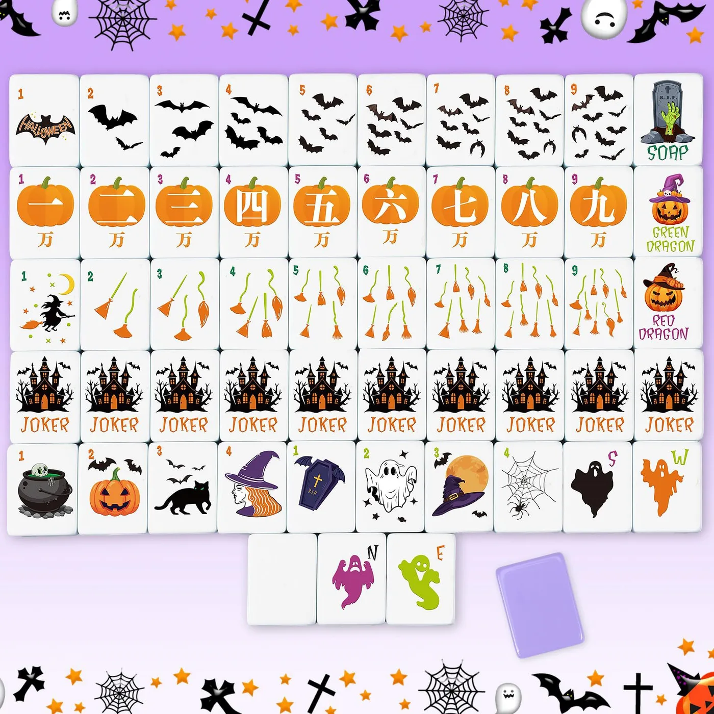 Halloween Themed Luxury Modern Custom American Mahjong Tiles Set Pumpkin Bat Ghost Witch Haunted House Pattern 160 Pcs Holiday