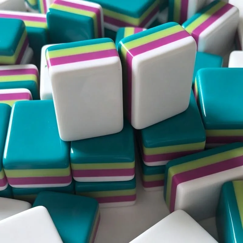 Bright Teal Blue US Classic Luxury Mahjong Set4-Layer Acrylic Tiles Fuchsia-Light Green-White Striped Portable Entertainment