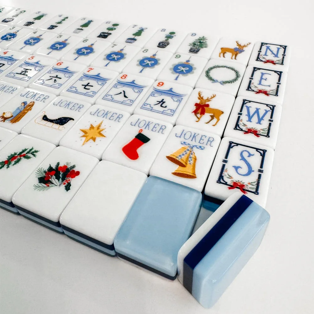 Custom 160-Piece American Mahjong, Acrylic Christmas Tiles with Nutcracker & Poinsettia, Light Blue Edge, OEM ODM for Holiday
