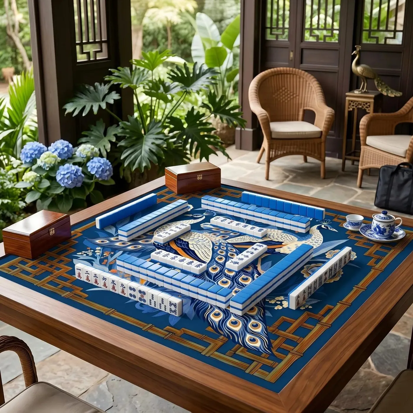 Vintage Blue Peacock Floral Printed Rubber Mahjong detail