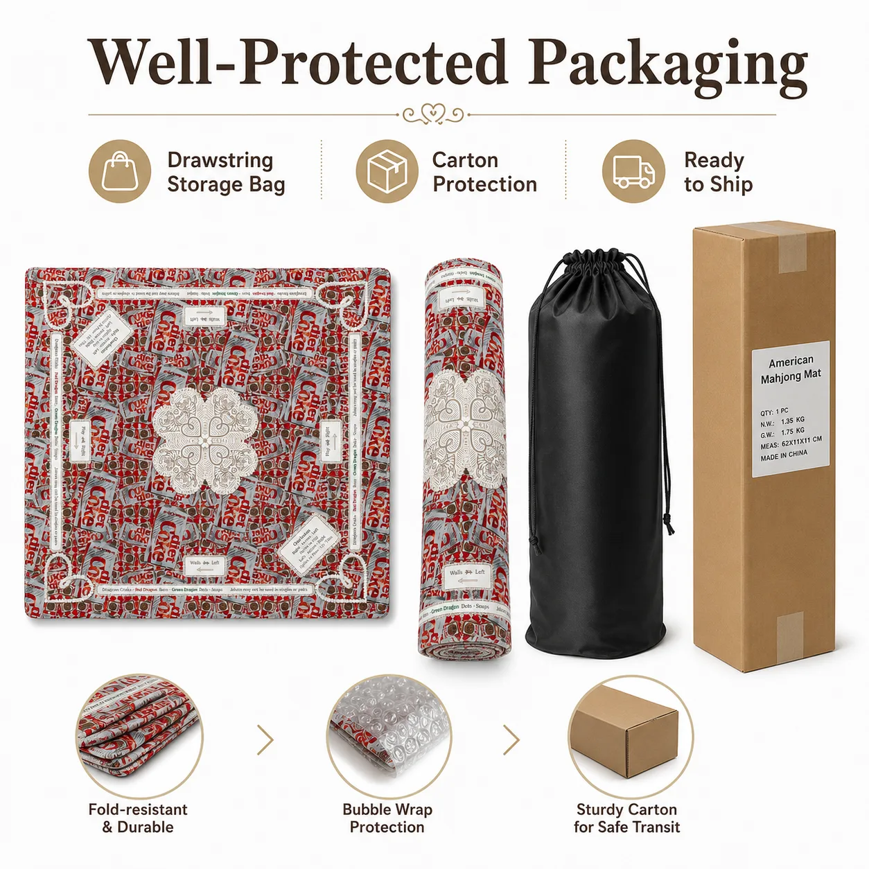 Factory Custom Luxury Modern American Mahjong Mat Non-Slip Foldable Water Resistant Durable Storage Bag Entertainment Carton