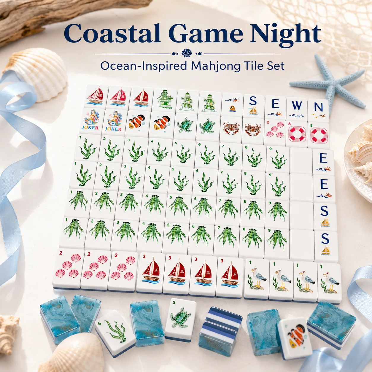 Luxury Nautical Ocean Themed Printed American Mahjong Set Custom Sea Life Graphic Foldable Indoor Leisure Party Table Game Kit