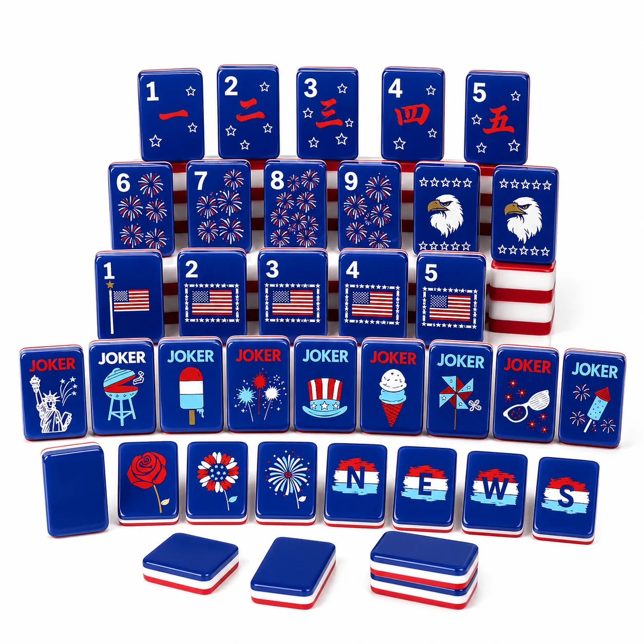 Patriotic American Mahjong Set, 160 Transparent Blue Acrylic Tiles, Triple 3-Layer Carved 4th of July Design for Kids