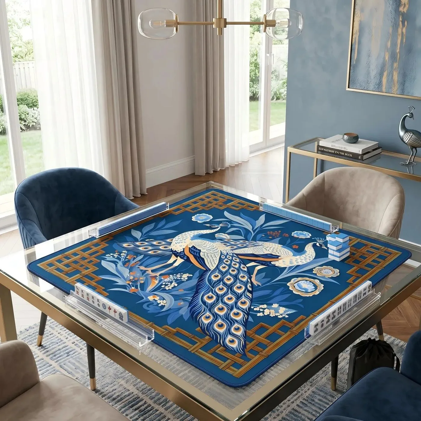 Vintage Blue Peacock Floral Printed Rubber Mahjong detail