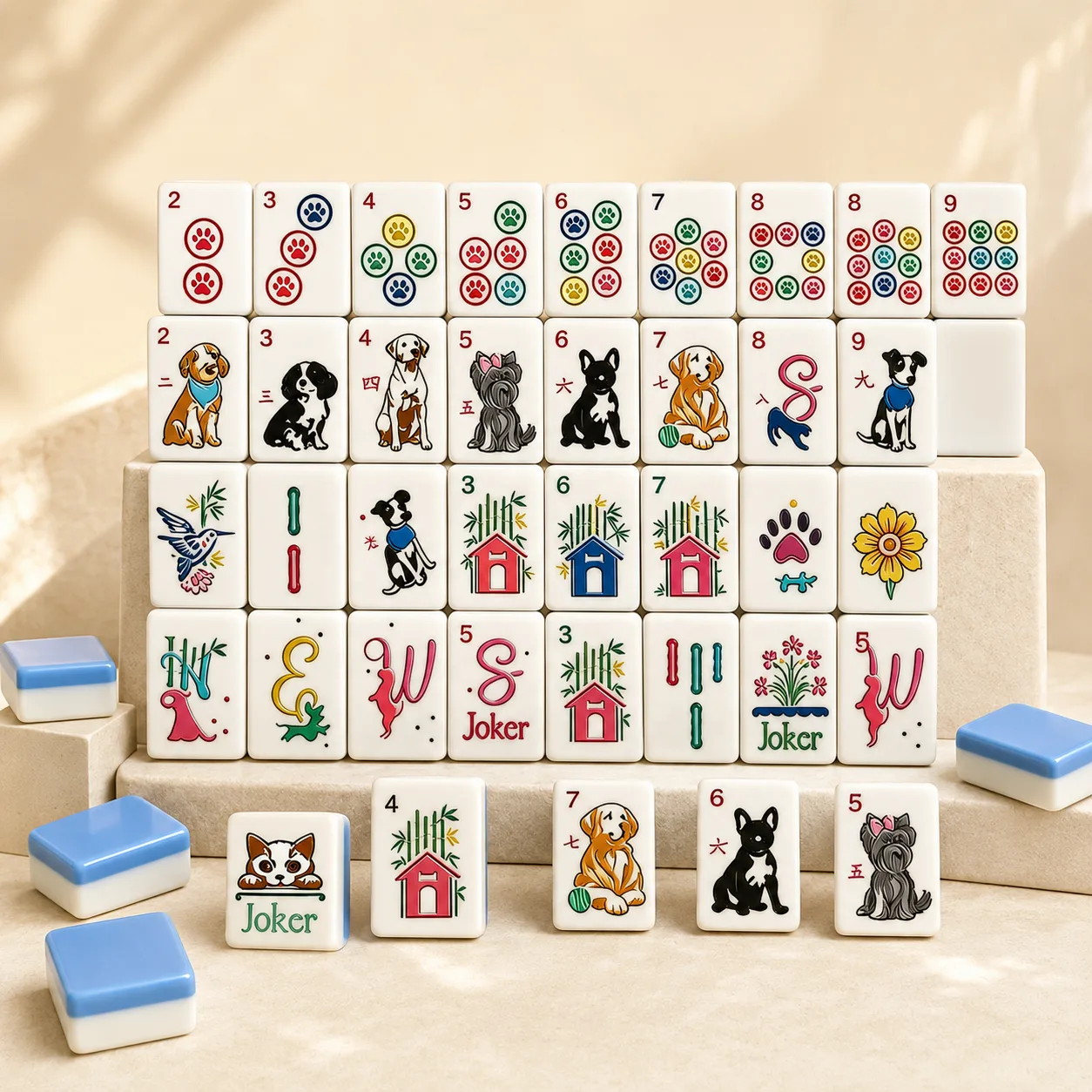 2026 New American Mahjong Set Acrylic Tiles Cream White Light Blue Side Back Adorable Cartoon Dog Floral Foldable Entertainment