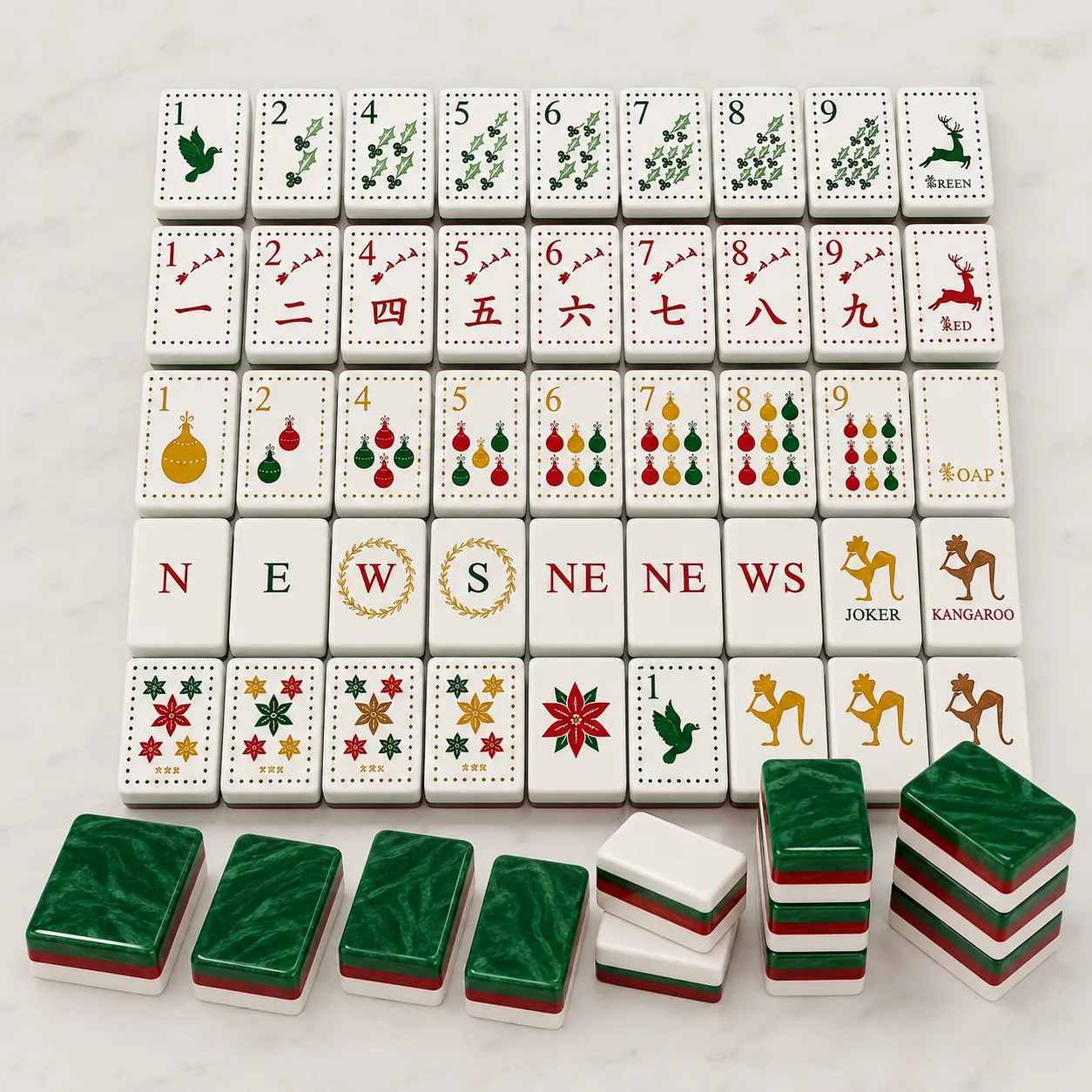 Vintage Luxury Emerald Marbled Back Christmas Mahjong Tiles Set Portable Hand Drawn Wreath Reindeer Design Holiday Table Game
